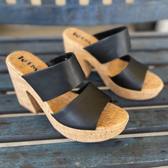 Korks Dezi Womens Platform Sandal 11M Black Leather Slip-On Open Toe Cork Heel - Picture 1 of 10